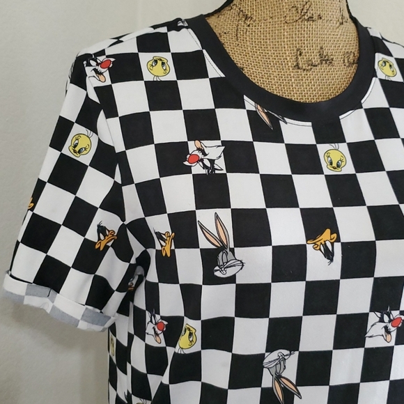 LOONEY TUNES Tweety Bugs Daffy Sylvester short sleeve checkerboard tee M 7-9 - Picture 3 of 7